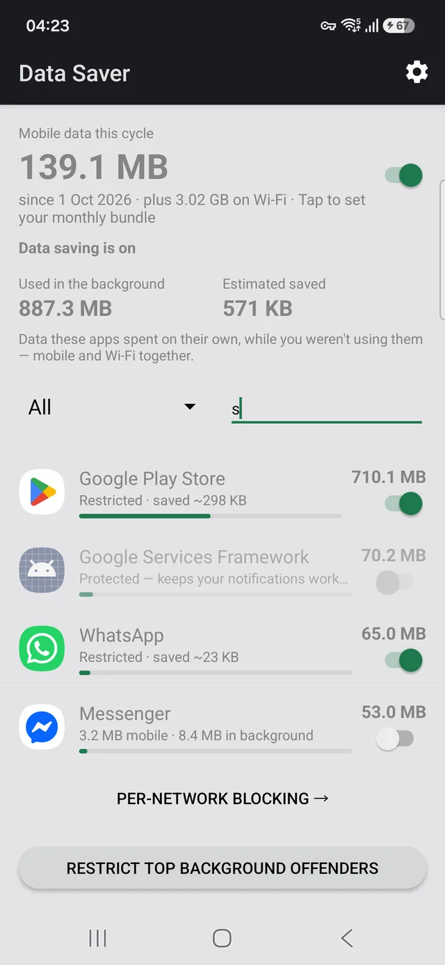 App list showing Google Services Framework marked Protected, with its restriction switch greyed out